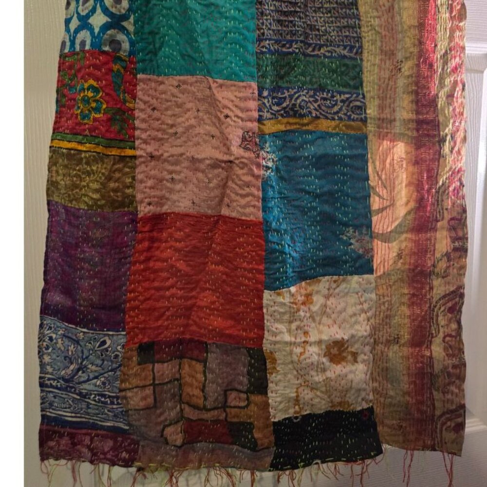 NEW Authentic Vintage Silk Kantha Scarf Handmade Bohemian Wrap Scarf Reversible